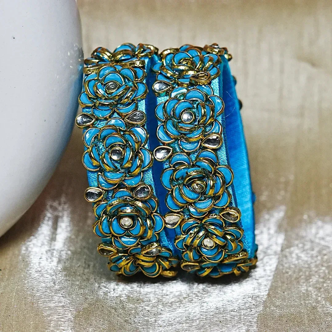 Handmade Thread Kada Bangle with Rose Motif and Kundan Work for Women & Girls (Pack of 2) - The Golden Cascade